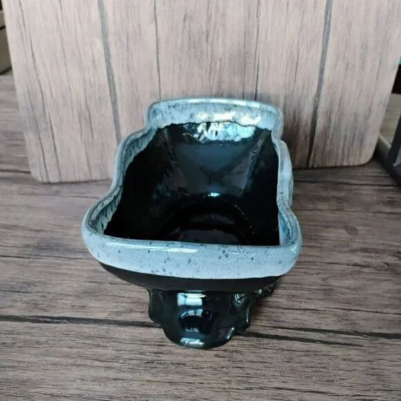 McCoy USA Pottery Pedestal Planter, Black with Grey White Foam Glaze Bowl 8.5" - Picture 3 of 11